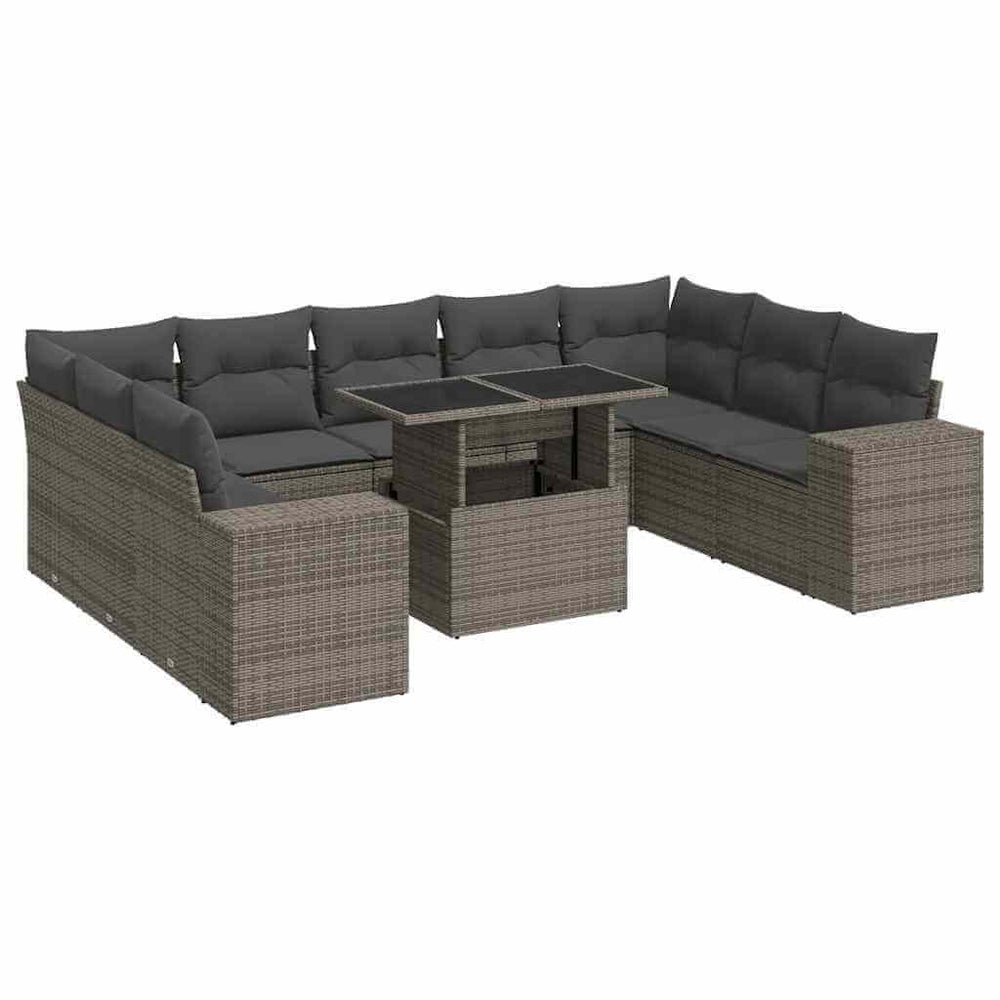 Affordable luxe 10 piece grey poly rattan garden sofa set with cushions for backyard or patio DIY design.