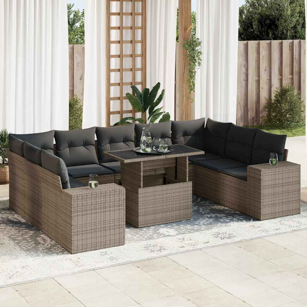 Affordable 10 piece grey poly rattan garden sofa set with cushions on patio, perfect for DIY luxe outdoor living spaces.