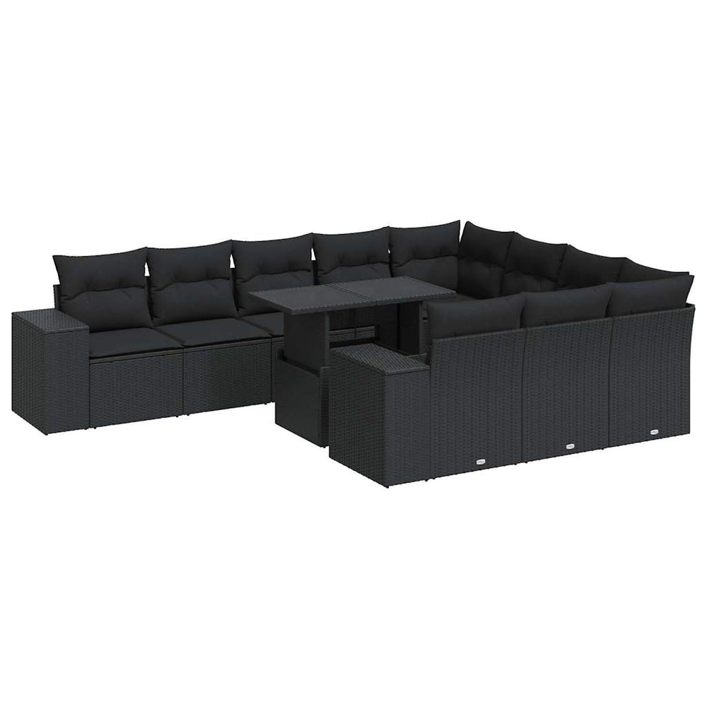 Affordable 11 piece black poly rattan garden sofa set with cushions, perfect for outdoor relaxation; quality DIY luxe patio furniture.