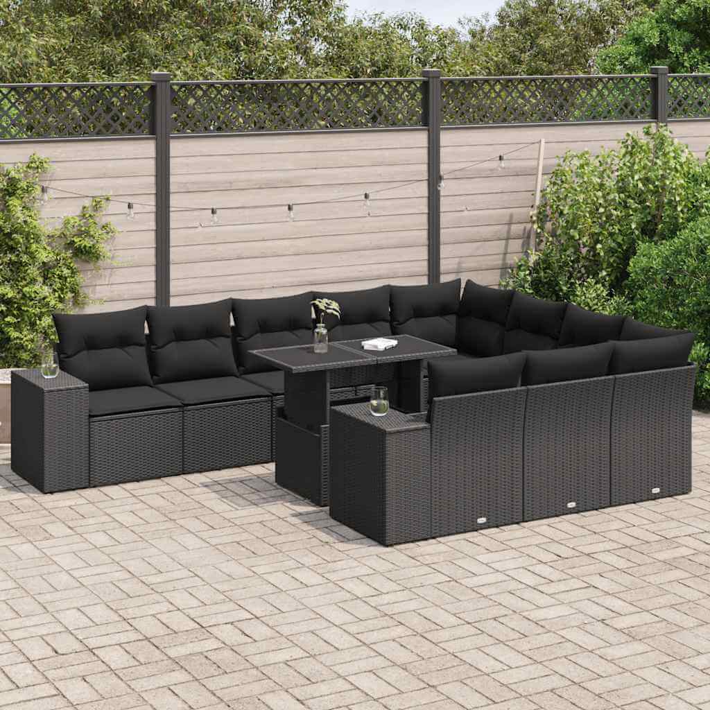 Black poly rattan garden sofa set with cushions, perfect for backyard, terrace, or patio, offering an affordable and luxe outdoor seating.