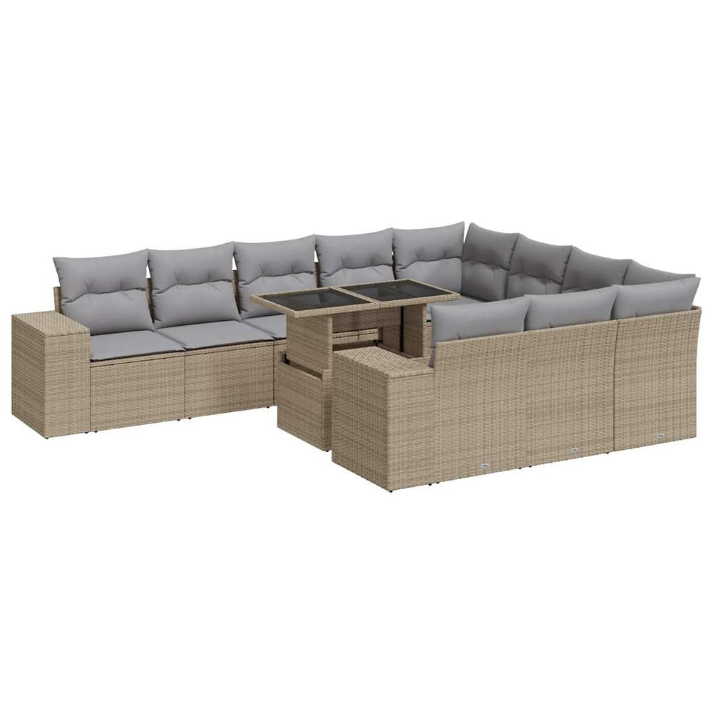 Beige poly rattan 11 piece garden sofa set with cushions, perfect for patios, offering affordable, quality, luxe DIY outdoor seating.