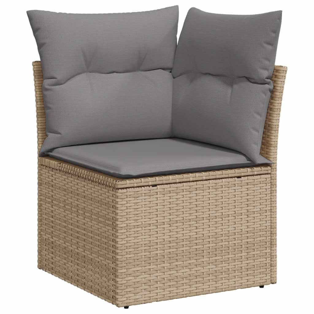 Beige poly rattan garden sofa with grey cushions, part of an 11-piece set, offering affordable and luxe outdoor seating.