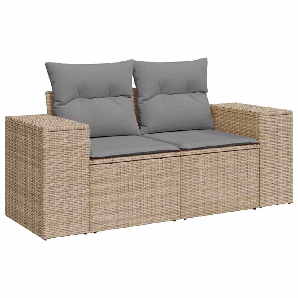 Beige poly rattan garden sofa set with cushions, quality and affordable outdoor furniture for patio, terrace, or backyard lounging.