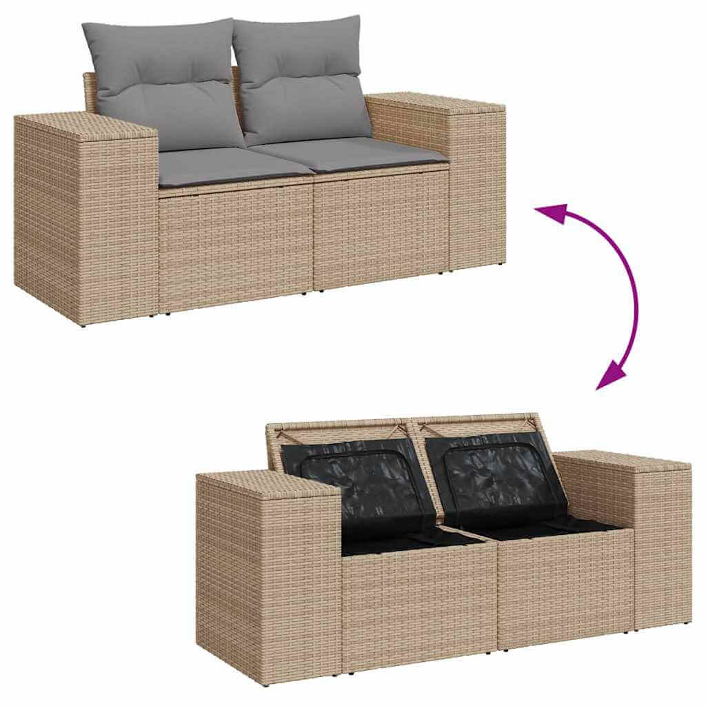 Beige poly rattan garden sofa with cushions, showcasing storage feature. Affordable, quality outdoor furniture for a luxe DIY space.