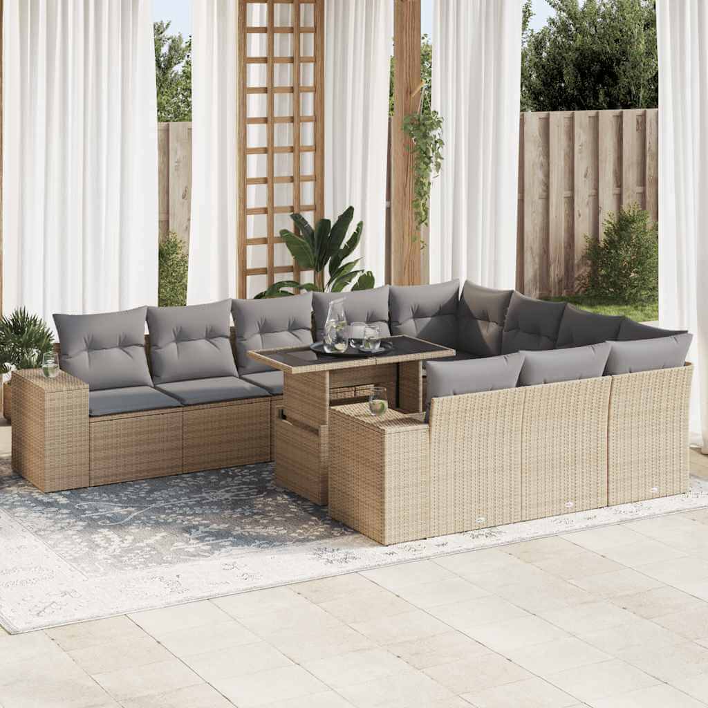 Beige 11 piece garden sofa set with cushions in poly rattan, ideal for patios, offering affordable luxury and quality outdoor seating.