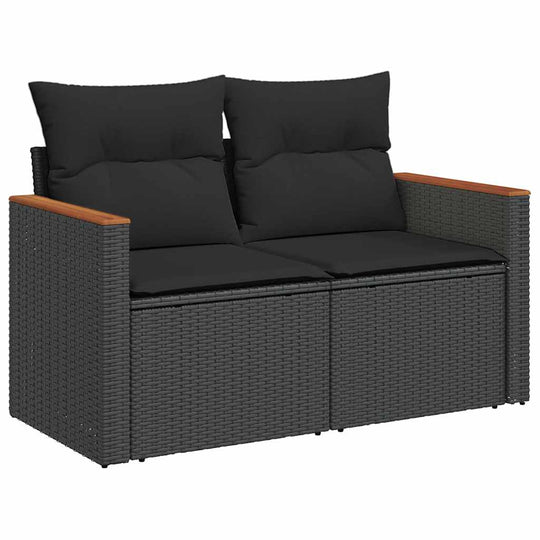 Black poly rattan garden sofa set with cushions, featuring durable and affordable DIY design for luxe outdoor comfort.