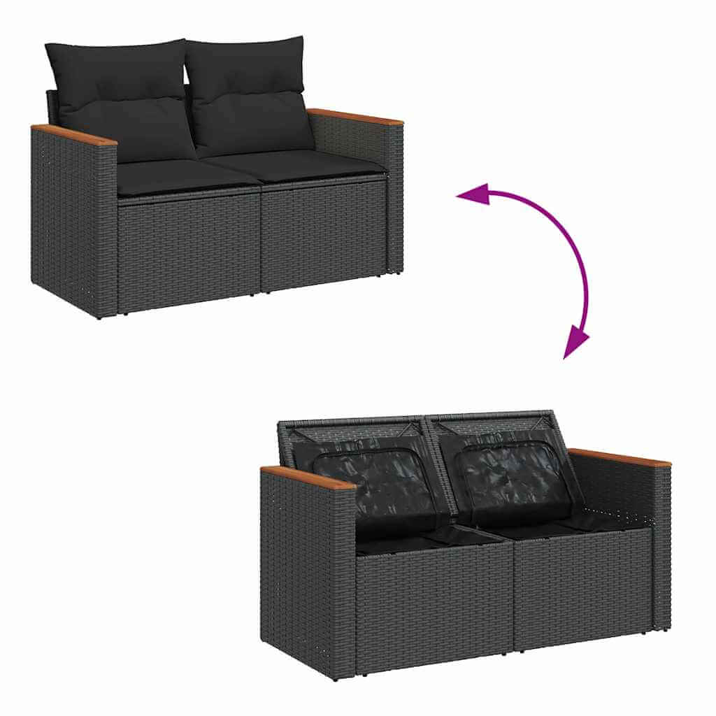 Black poly rattan 2-seater garden sofa with adjustable backrest, featuring plush cushions for affordable, luxe outdoor comfort.