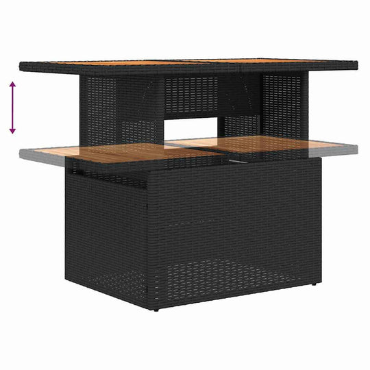 Black poly rattan outdoor bar table with extendable wooden top, perfect for affordable DIY garden or patio luxe styling.