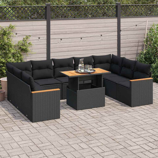 Affordable 10 piece black poly rattan garden sofa set with cushions and acacia table, perfect for luxury DIY outdoor lounging.