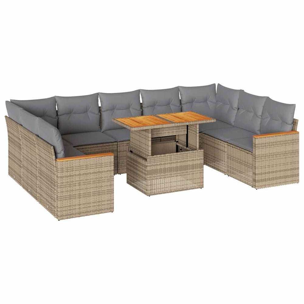 Beige poly rattan garden sofa set with cushions, featuring a versatile design ideal for patio lounging. Affordable and quality outdoor furniture.