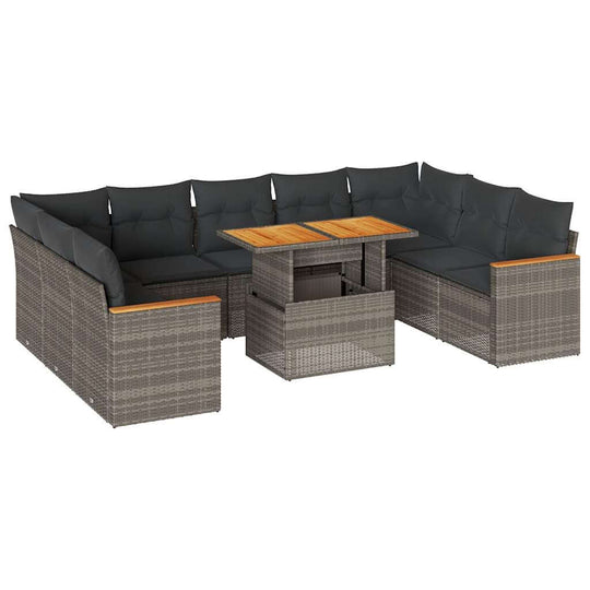 Affordable grey poly rattan garden sofa set with cushions, ideal for DIY outdoor relaxation, combines quality and luxe design.