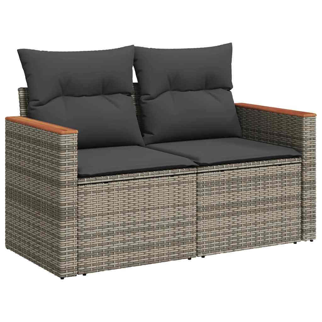 Grey poly rattan garden sofa with acacia accents and cushions, part of a 10-piece affordable, quality outdoor furniture set.