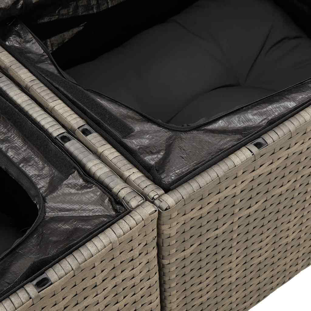 Close-up of grey poly rattan and acacia garden sofa set cushion, showcasing affordable, quality, and DIY-friendly luxe materials.