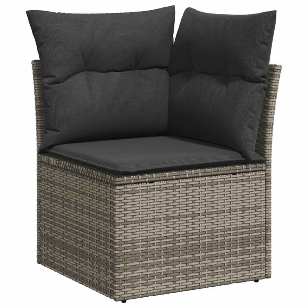 Grey poly rattan garden sofa with cushions, affordable DIY luxe quality for patio or terrace.