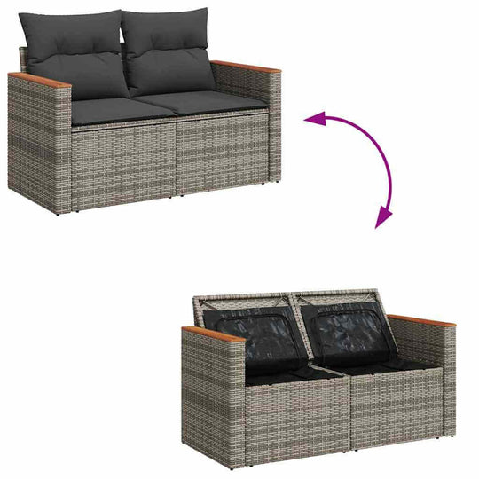 Grey poly rattan garden sofa with storage, featuring durable cushioned seating for comfortable, affordable, luxe outdoor living.