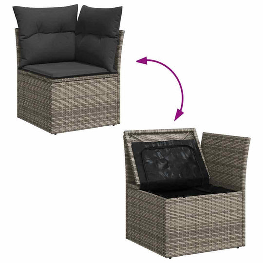 Adjustable grey poly rattan garden sofa chair with storage, part of the affordable 10-piece DIY luxe outdoor set with cushions.