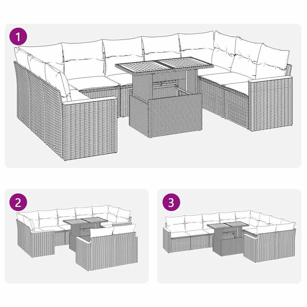 Grey 10-piece poly rattan and acacia garden sofa set with cushions, showcasing an affordable and quality DIY outdoor furniture option.