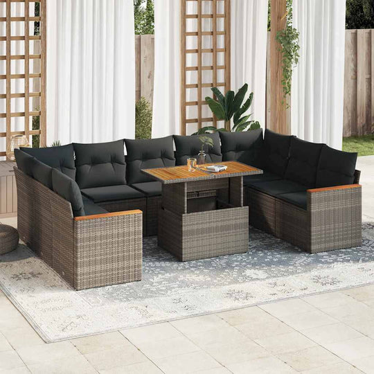 Affordable 10-piece garden sofa set in grey poly rattan with cushions, perfect for patio relaxation and DIY luxe outdoor spaces.