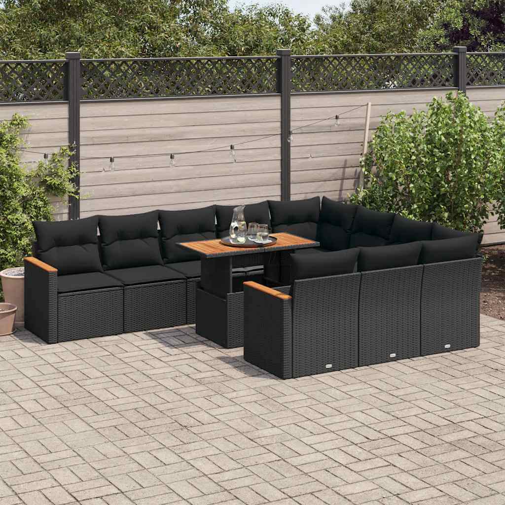 Black poly rattan 11-piece garden sofa set with cushions on patio, showcasing affordable, quality, DIY luxe outdoor furniture.