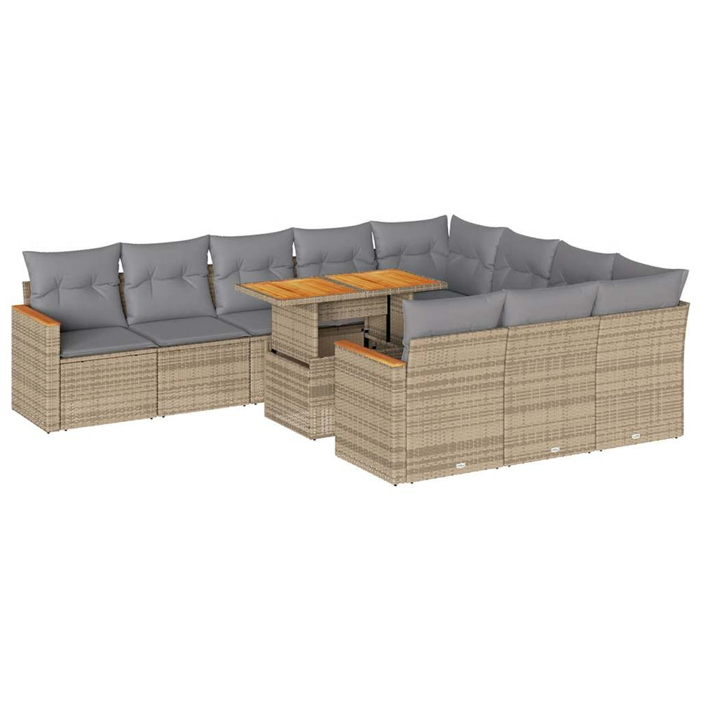 Beige poly rattan 11 piece garden sofa set with cushions, DIY luxe design, affordable quality outdoor furniture for patio or backyard.