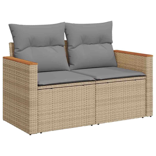 Beige poly rattan garden sofa with gray cushions, perfect for outdoor relaxation and DIY setups. Affordable, quality, and luxe design.