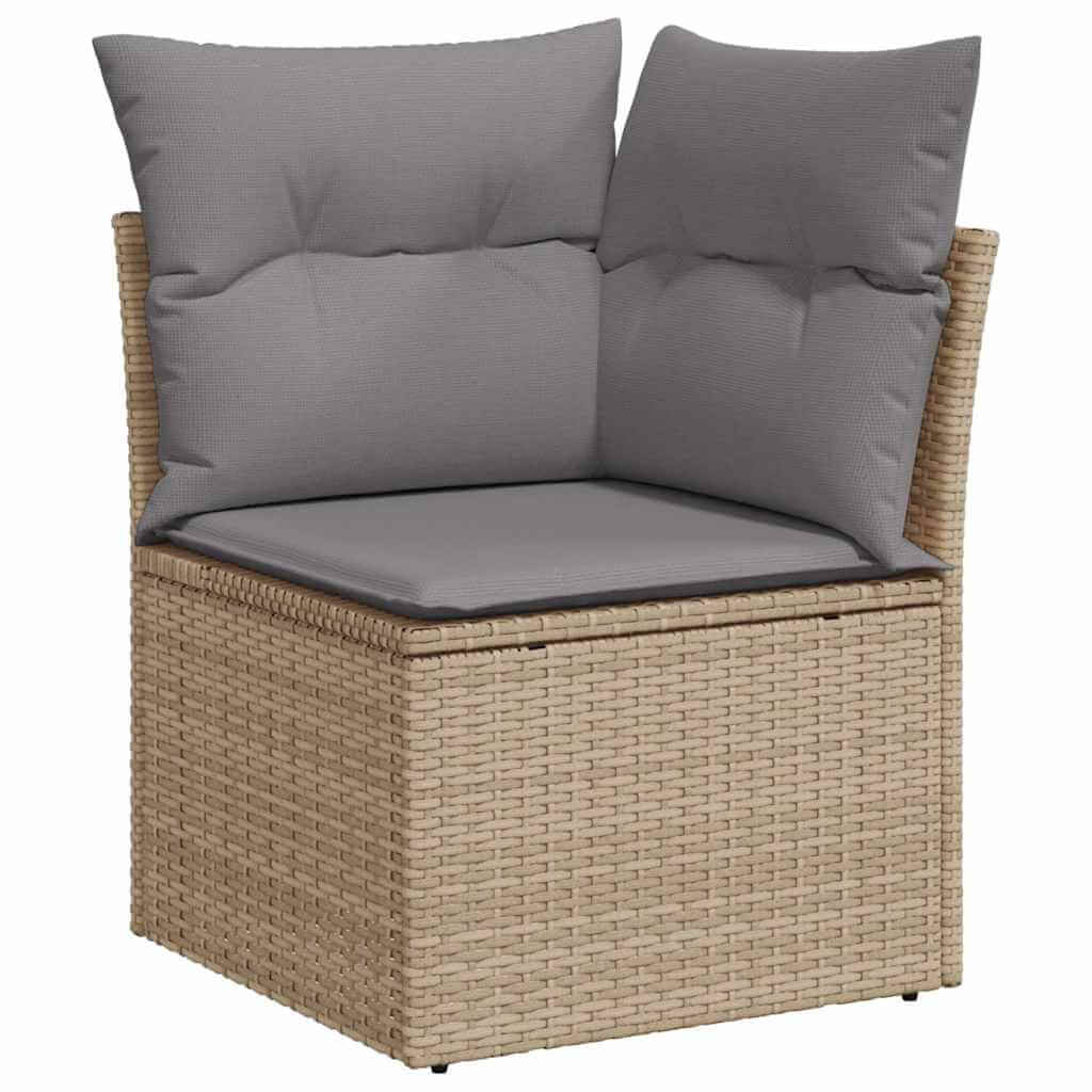 Beige poly rattan garden sofa piece with gray cushions, showcasing quality and affordable outdoor furniture for a luxe DIY setup.