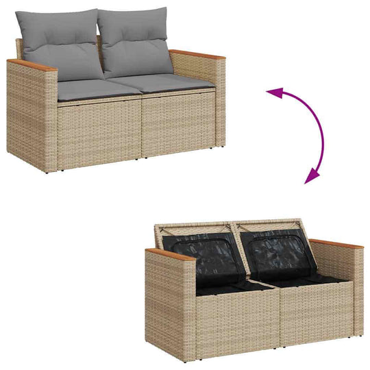 Beige poly rattan garden sofa with storage feature, showcasing durable design and comfy grey cushions. Ideal for affordable, luxe DIY setups.