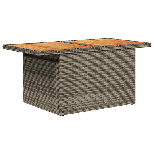 Grey poly rattan acacia table from a garden sofa set, offering affordable luxury and quality for outdoor spaces like patios and terraces.