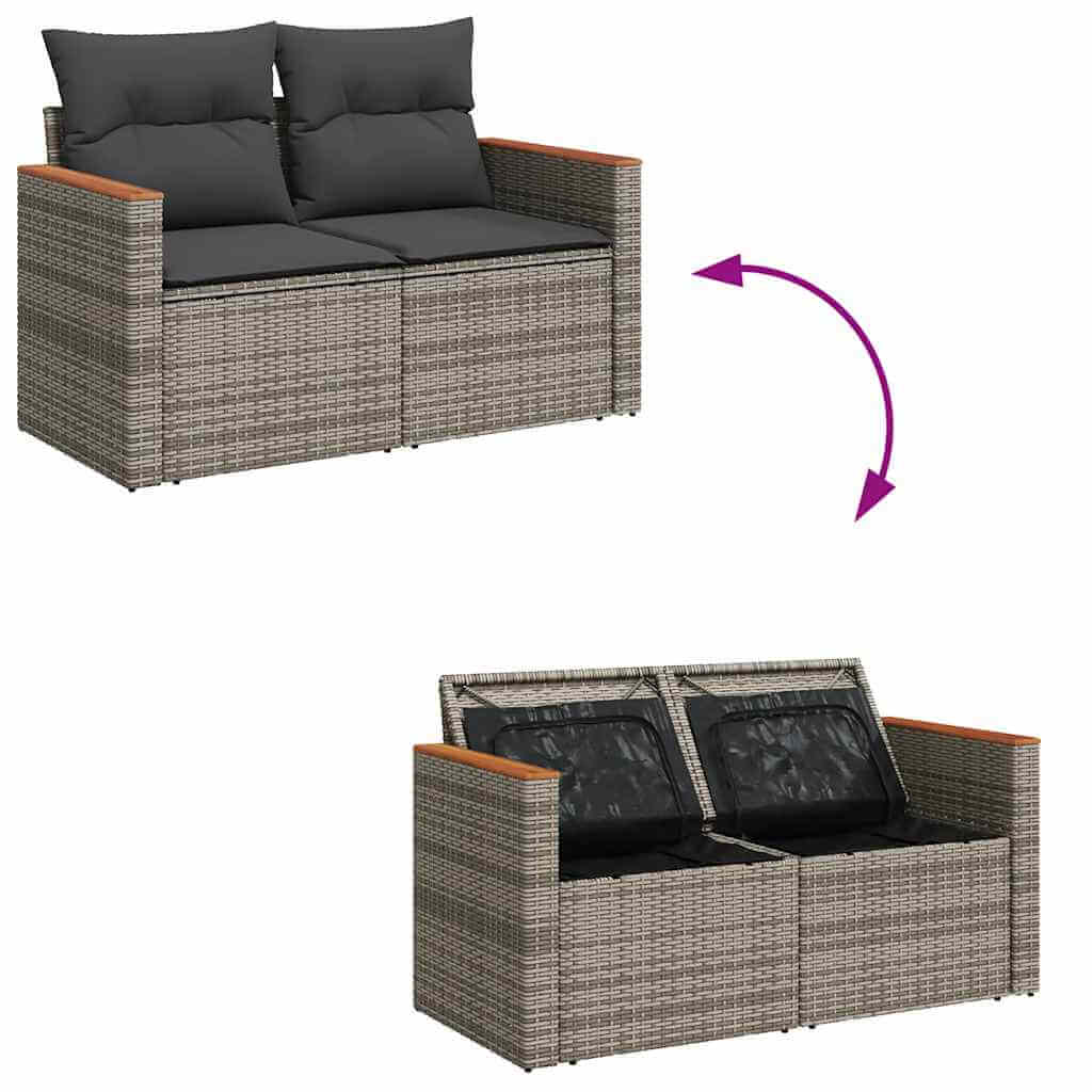 Affordable 11 piece grey poly rattan garden sofa set with cushions, showcasing dual seating and storage option for DIY luxe patio spaces.