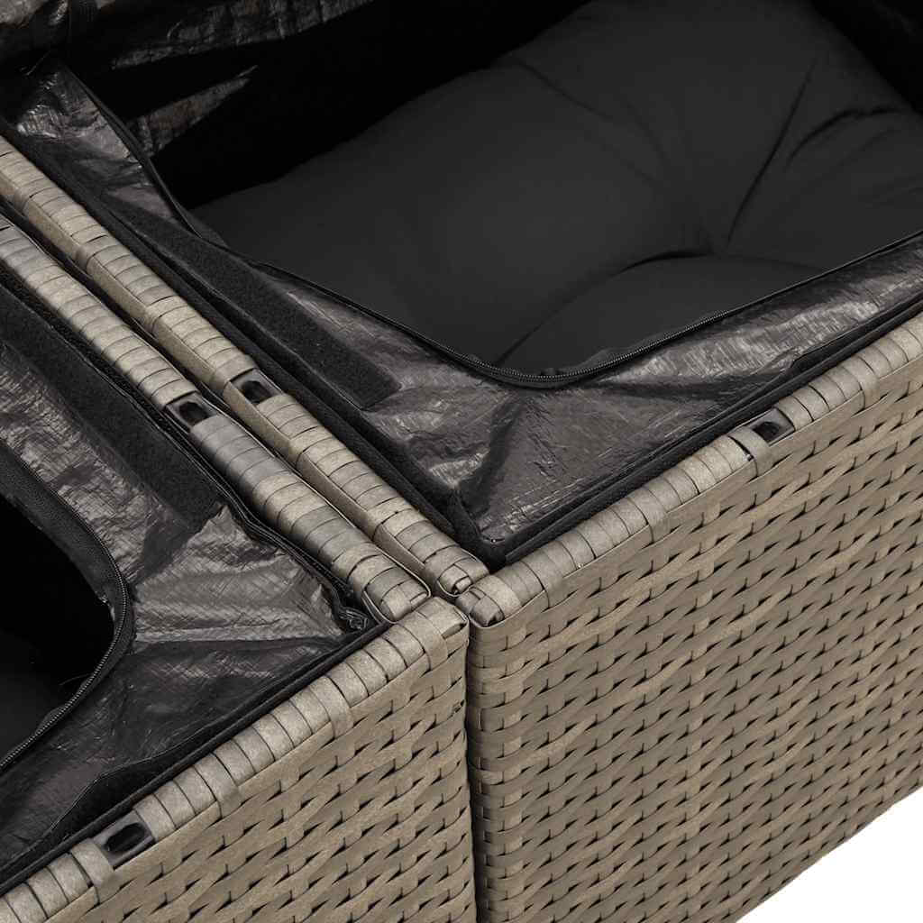 Close-up of a grey poly rattan storage compartment with cushions, part of a 11-piece affordable and luxe garden sofa set.