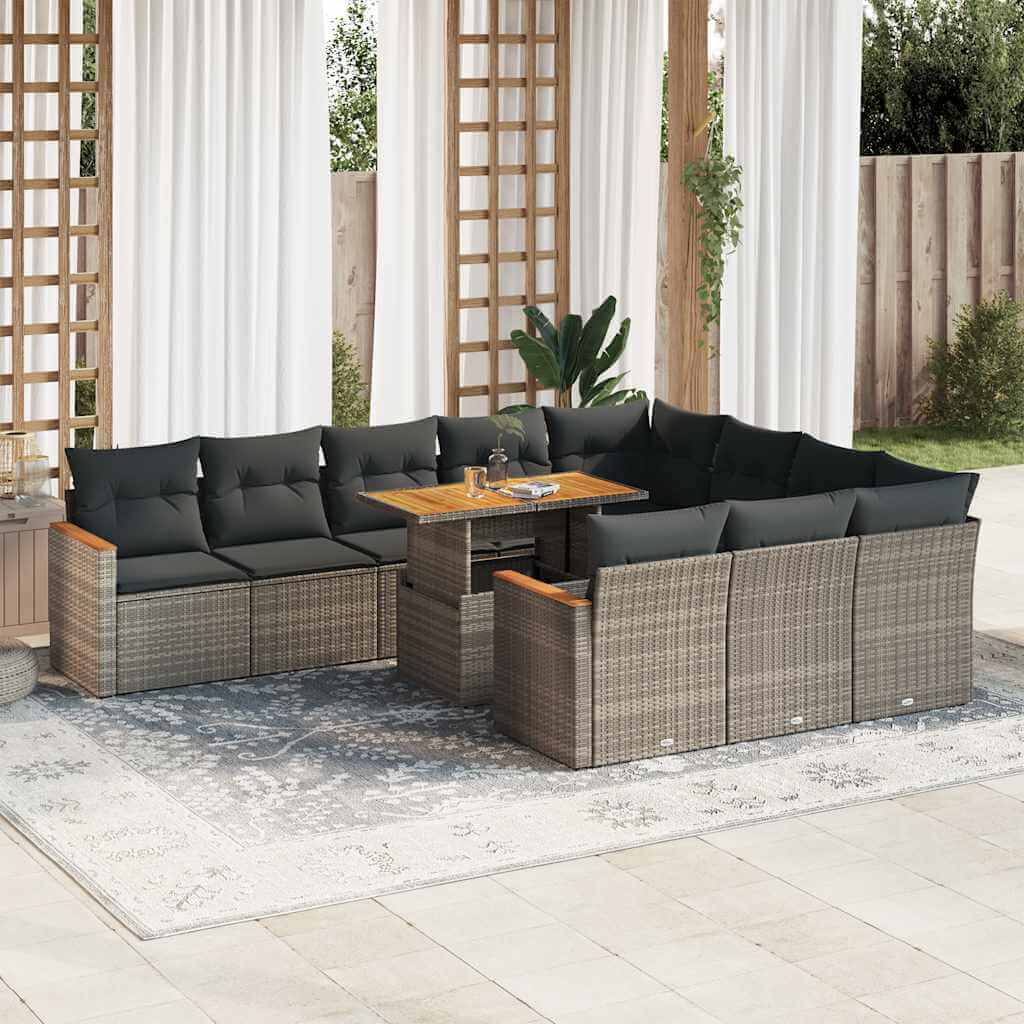 Grey poly rattan 11 piece garden sofa set with cushions on patio, showcasing affordable, quality, luxe outdoor seating.