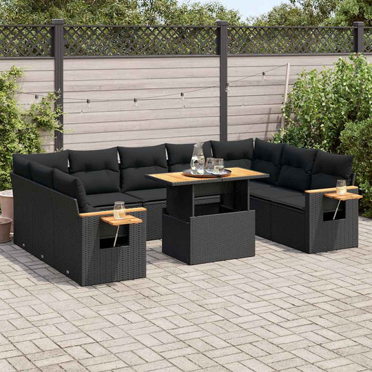 10 Piece Garden Sofa Set with Cushions Black Poly Rattan Acacia