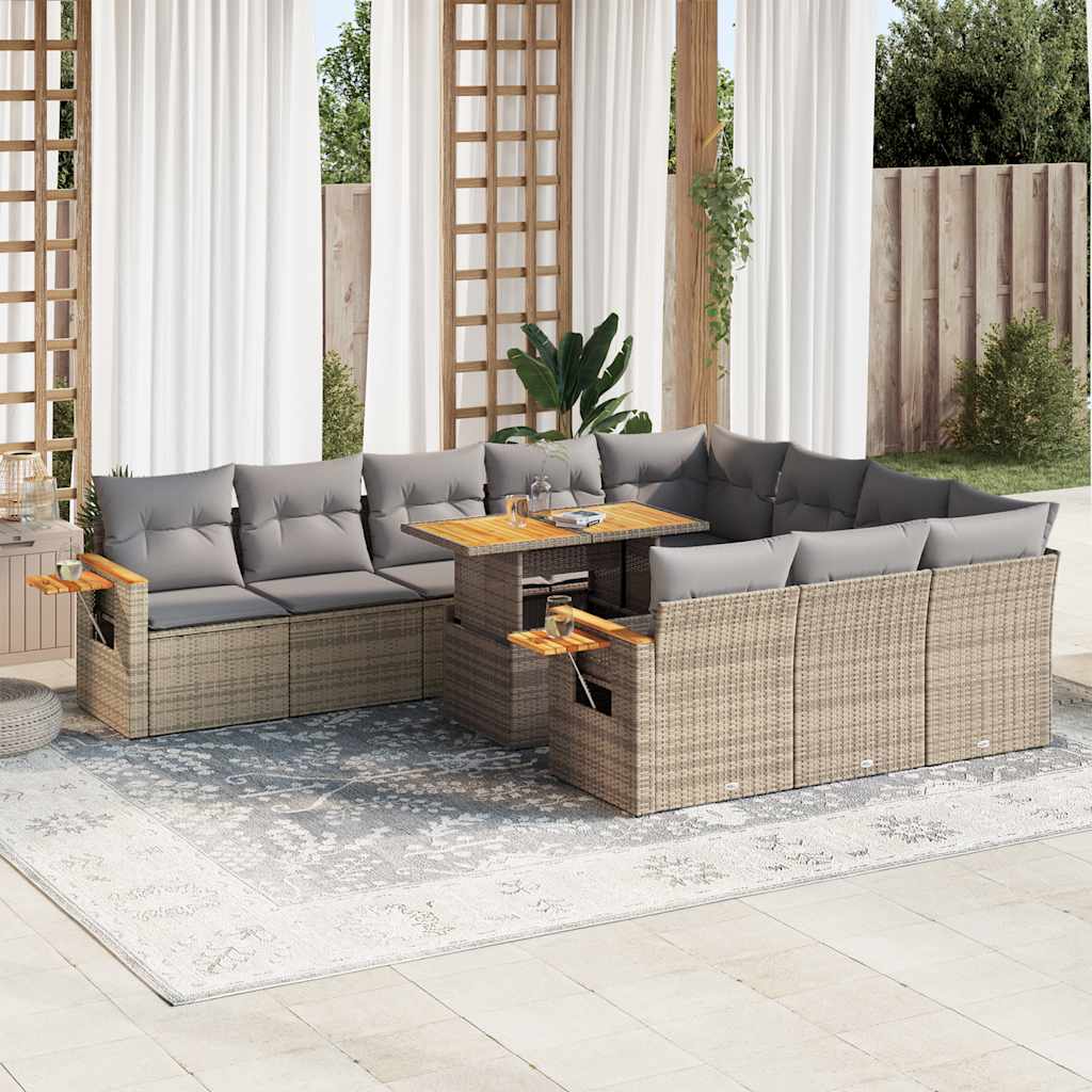 10 Piece Garden Sofa Set with Cushions Beige Poly Rattan Acacia