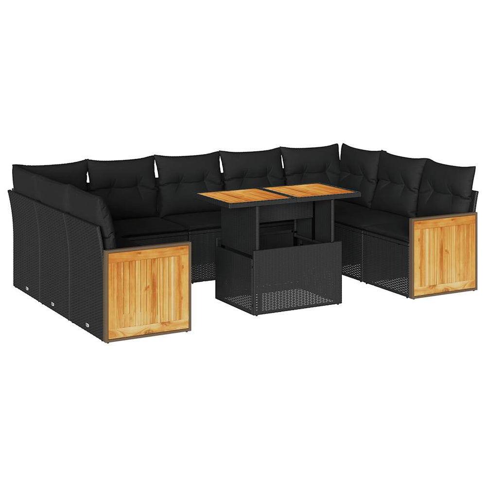 10 Piece Garden Sofa Set with Cushions Black Poly Rattan Acacia