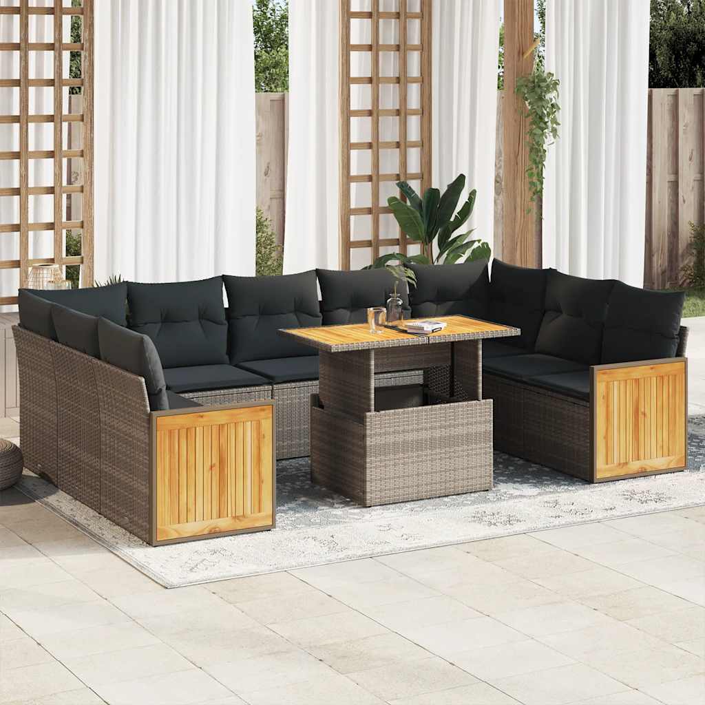 10 Piece Garden Sofa Set with Cushions Grey Poly Rattan Acacia