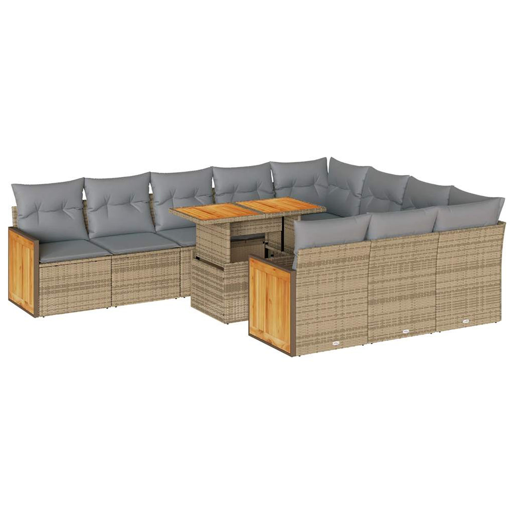 11 piece affordable garden sofa set with beige poly rattan, cushions, and acacia wood table for outdoor relaxation.