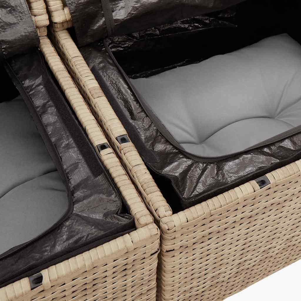 Two beige poly rattan storage baskets with gray cushions inside, ideal for outdoor organization and comfort.