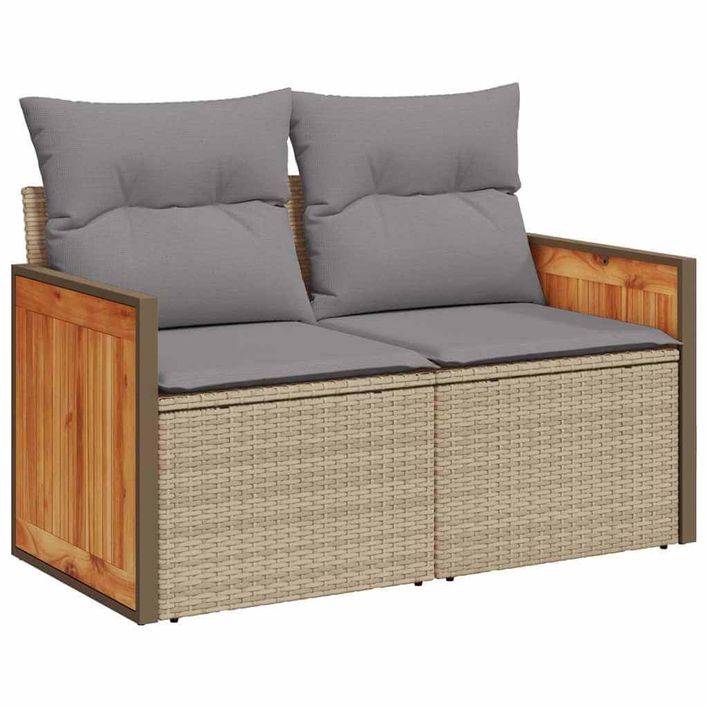 11 Piece garden sofa set featuring beige poly rattan, acacia wood accents, and grey cushions, ideal for outdoor relaxation.