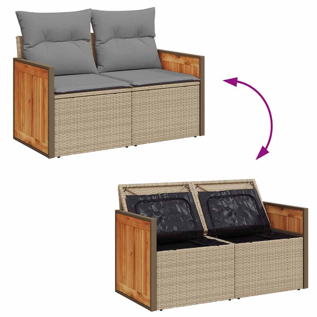 Affordable 11 piece garden sofa set in beige poly rattan with gray cushions, showcasing versatile storage and stylish design.