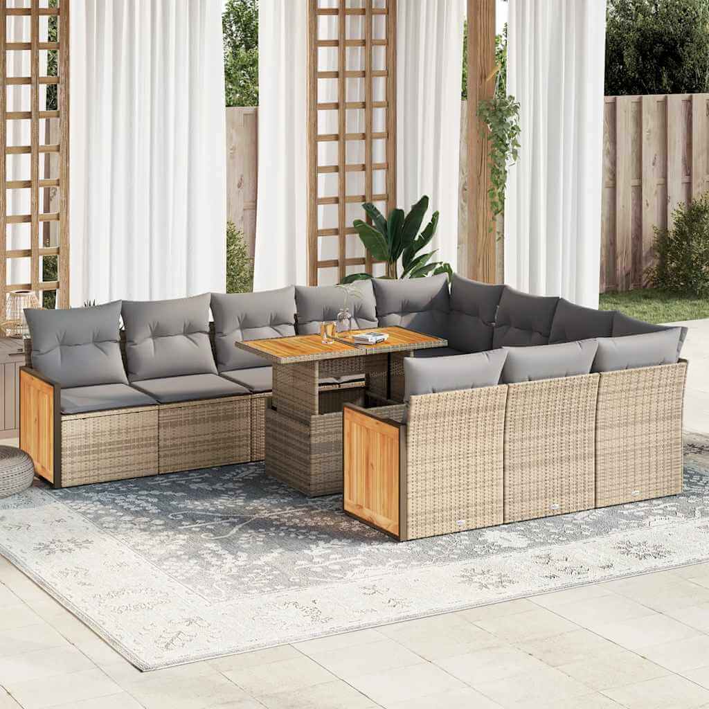 11 piece affordable garden sofa set with cushions in beige poly rattan and acacia on outdoor patio space.