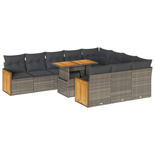 11 piece affordable garden sofa set with grey cushions and acacia wood table, perfect for outdoor relaxation and gatherings.