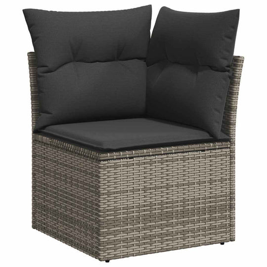 Corner chair from an 11-piece grey poly rattan garden sofa set with plush dark cushions for outdoor comfort.