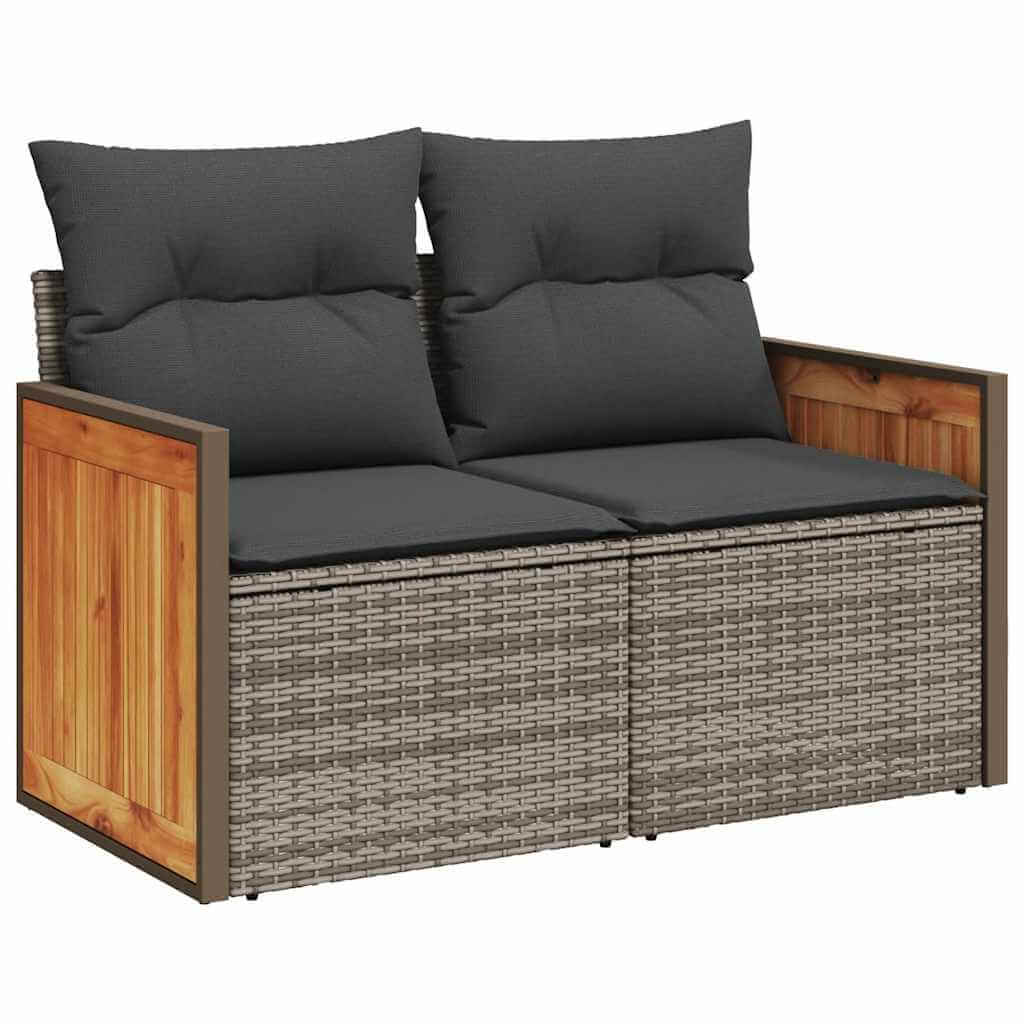 11 piece garden sofa set with grey cushions, poly rattan, and acacia wood for a luxe outdoor experience.