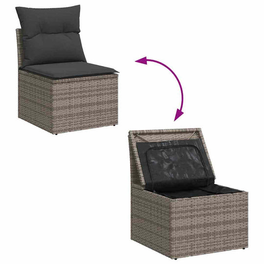 Grey poly rattan garden chair with removable cushion and hidden storage compartment, ideal for affordable outdoor decor.