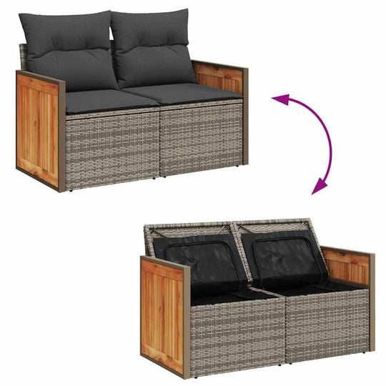 11 Piece Grey Poly Rattan Sofa Set with Cushions, showcasing versatile design and storage functionality for outdoor spaces.