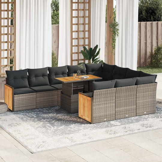 11 piece grey poly rattan garden sofa set with plush cushions, perfect for outdoor relaxation and entertaining in style.