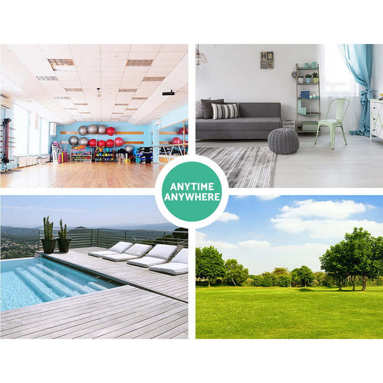 Collage of versatile exercise spaces: gym, home, poolside, and garden, promoting fitness anytime, anywhere.