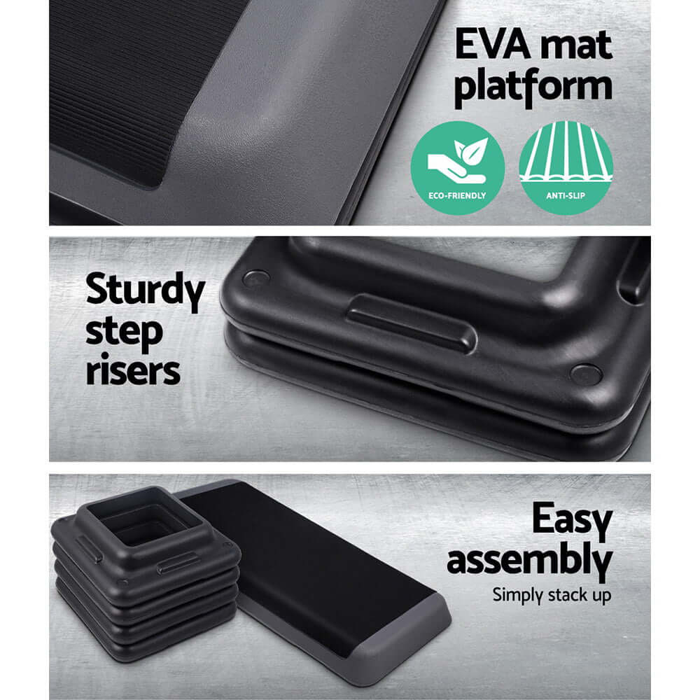 Everfit aerobic stepper features eco-friendly EVA mat, sturdy risers, and easy assembly for home workouts.