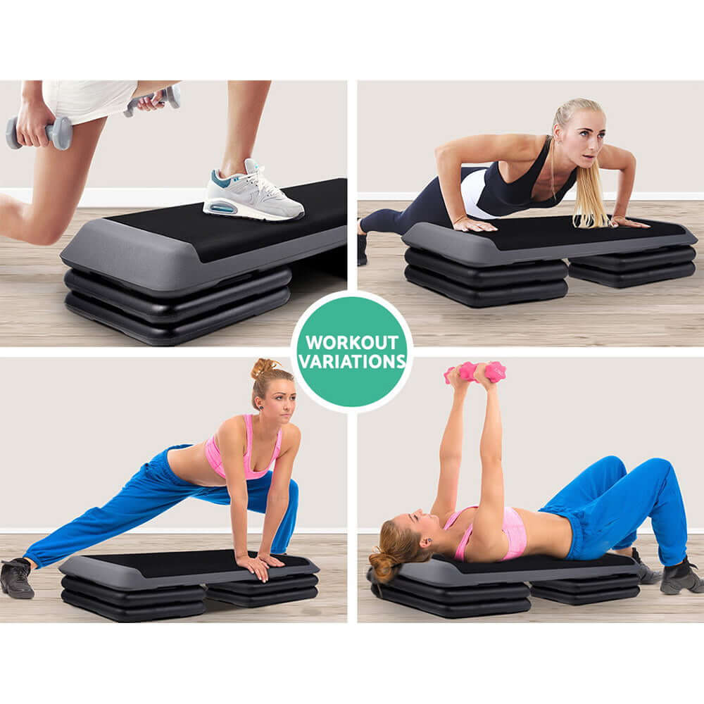 Workout variations using the Everfit aerobic step, showcasing adjustable height for versatile exercises at home.