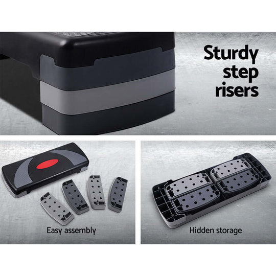 Sturdy step risers and easy assembly of a versatile aerobic step for home fitness with hidden storage.